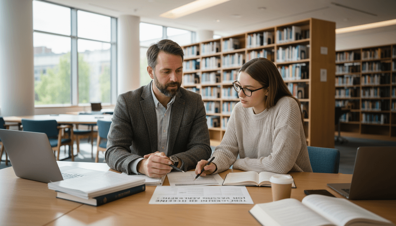 Profesional revisando documento académico con estudiante